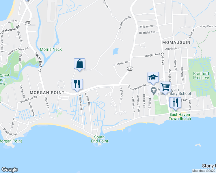 map of restaurants, bars, coffee shops, grocery stores, and more near 560 Silver Sands Road in East Haven