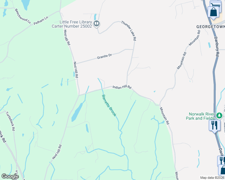 map of restaurants, bars, coffee shops, grocery stores, and more near 85 Indian Hill Road in Wilton