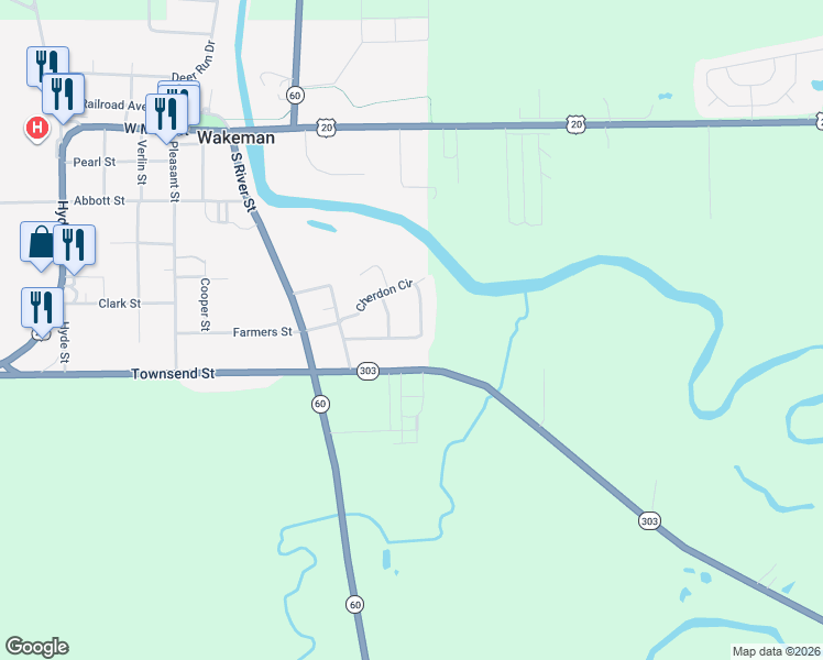 map of restaurants, bars, coffee shops, grocery stores, and more near 47 Cherdon Circle in Wakeman