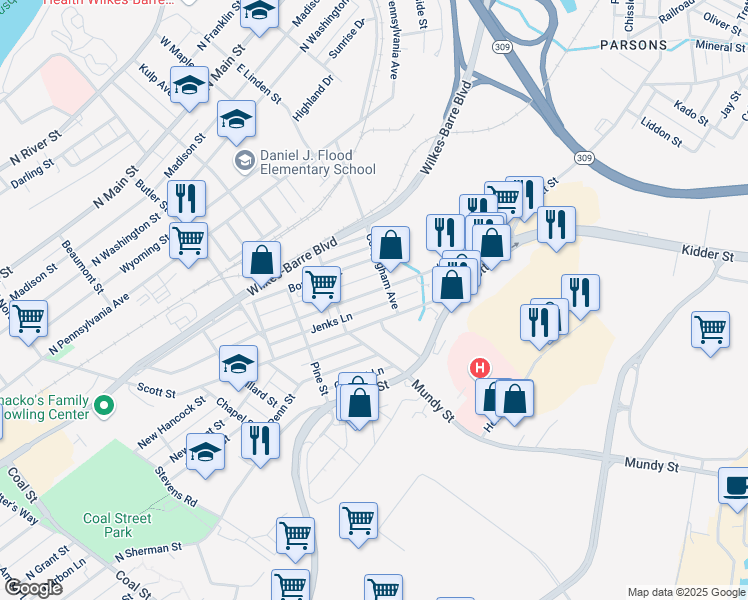 map of restaurants, bars, coffee shops, grocery stores, and more near 283 Kidder Street in Wilkes-Barre