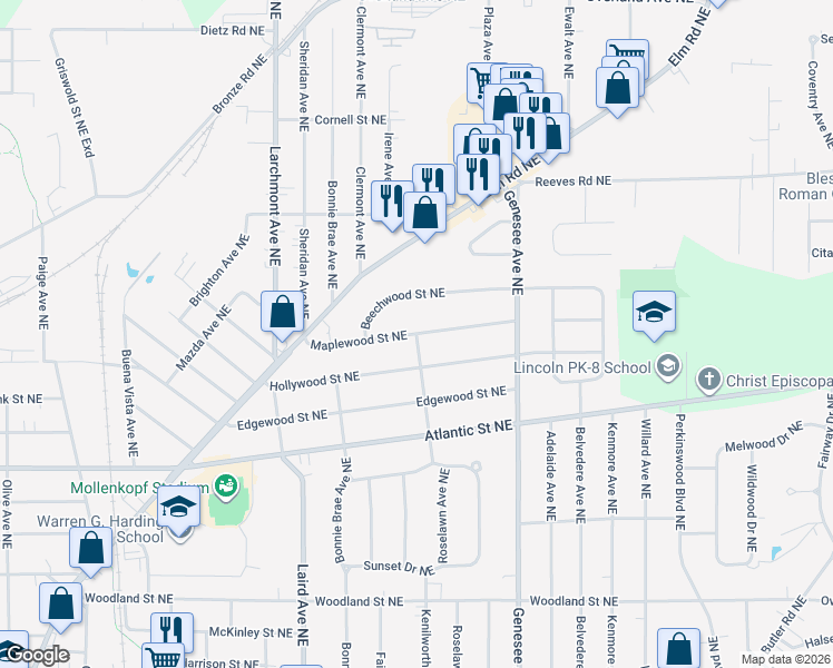 map of restaurants, bars, coffee shops, grocery stores, and more near 1564 Maplewood Street Northeast in Warren