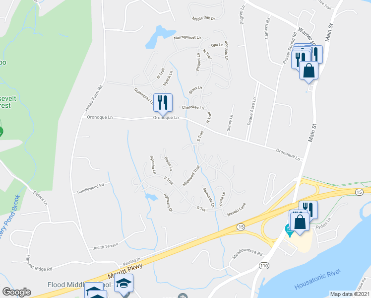 map of restaurants, bars, coffee shops, grocery stores, and more near 13a Algonquin Lane in Stratford