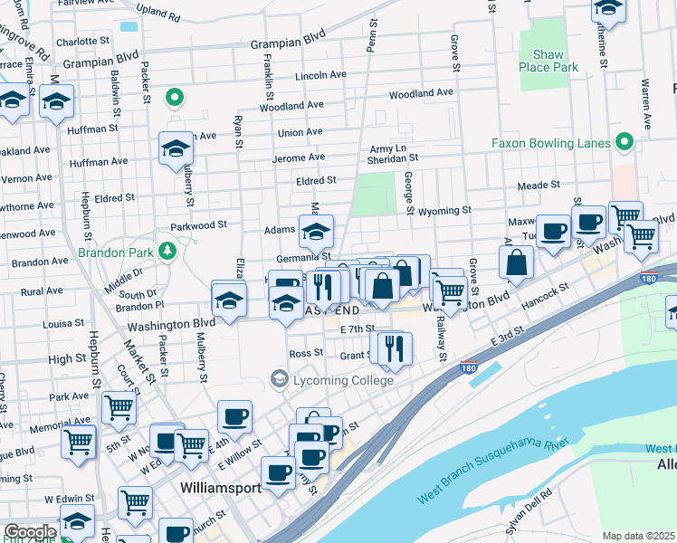 map of restaurants, bars, coffee shops, grocery stores, and more near 412 Wilson Street in Williamsport