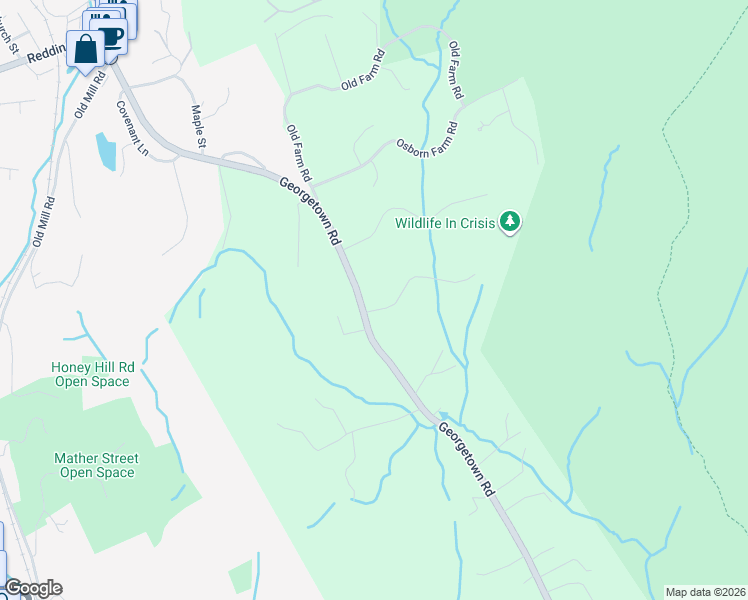 map of restaurants, bars, coffee shops, grocery stores, and more near 82 Georgetown Road in Weston