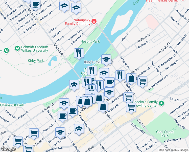 map of restaurants, bars, coffee shops, grocery stores, and more near 55 North River Street in Wilkes-Barre