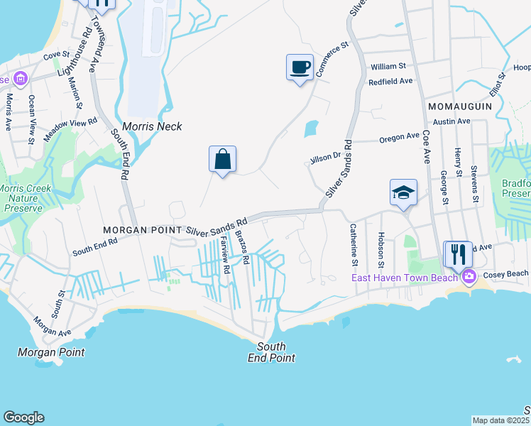 map of restaurants, bars, coffee shops, grocery stores, and more near 621 Silver Sands Road in East Haven