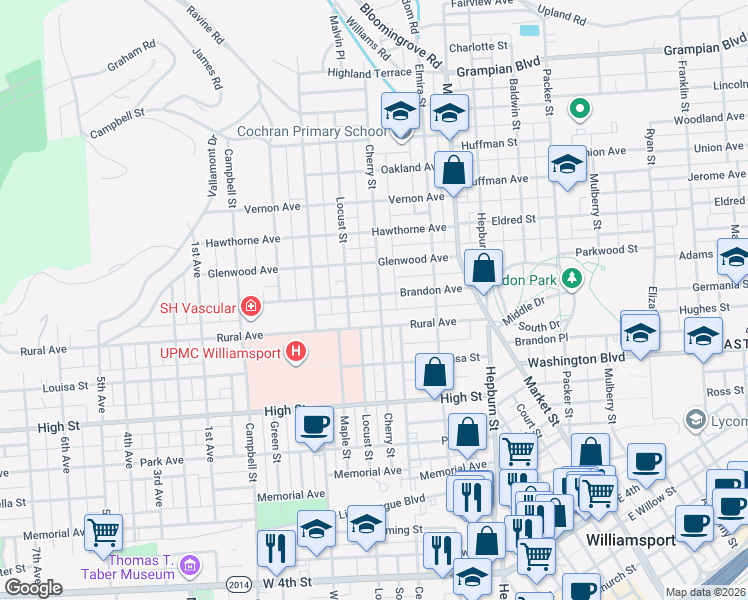 map of restaurants, bars, coffee shops, grocery stores, and more near 481 Park Court in Williamsport