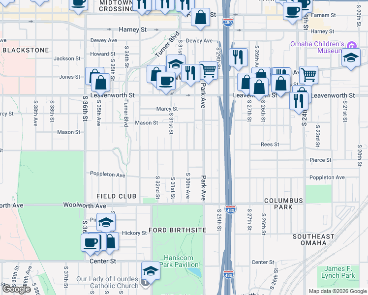 map of restaurants, bars, coffee shops, grocery stores, and more near 1042 South 30th Avenue in Omaha