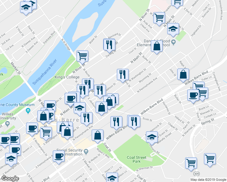 map of restaurants, bars, coffee shops, grocery stores, and more near 252 North Washington Street in Wilkes-Barre