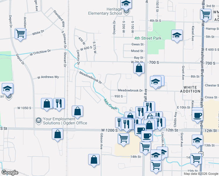 map of restaurants, bars, coffee shops, grocery stores, and more near 889 South Clover Circle in Ogden