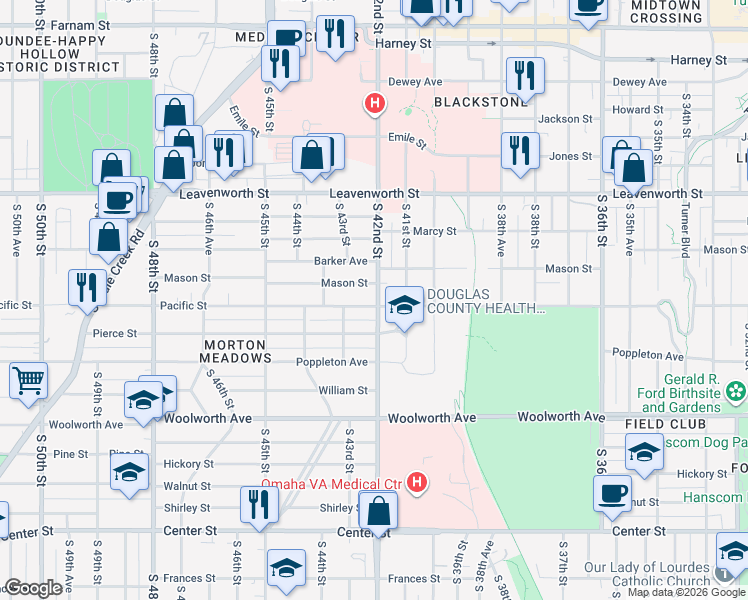 map of restaurants, bars, coffee shops, grocery stores, and more near 4201 Pacific Street in Omaha