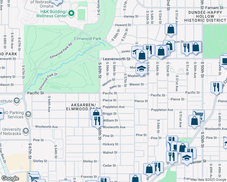 map of restaurants, bars, coffee shops, grocery stores, and more near 5815 Pacific Street in Omaha