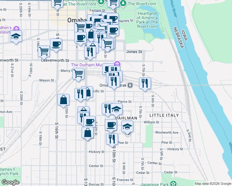 map of restaurants, bars, coffee shops, grocery stores, and more near 1125 South 11th Street in Omaha