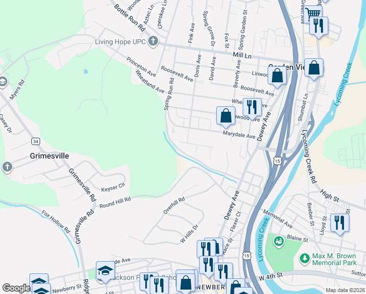 map of restaurants, bars, coffee shops, grocery stores, and more near 13 Westbury Place in Williamsport