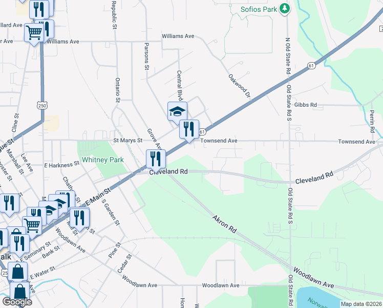 map of restaurants, bars, coffee shops, grocery stores, and more near 218 East Main Street in Norwalk