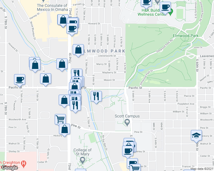 map of restaurants, bars, coffee shops, grocery stores, and more near 6806 Pacific Street in Omaha