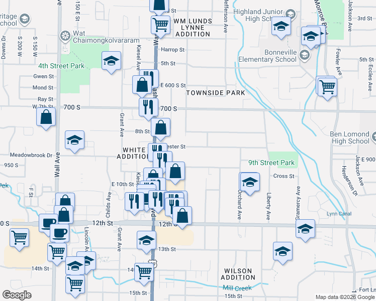 map of restaurants, bars, coffee shops, grocery stores, and more near 480 Cross Street in Ogden