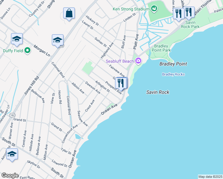 map of restaurants, bars, coffee shops, grocery stores, and more near 60 Arlington Street in West Haven
