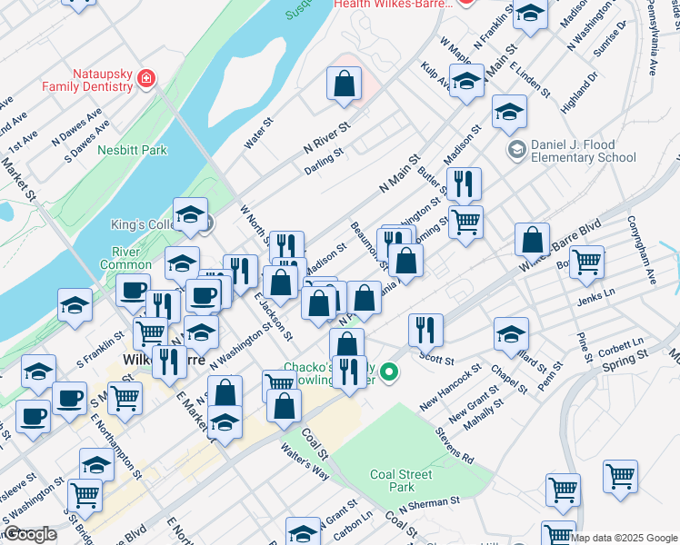 map of restaurants, bars, coffee shops, grocery stores, and more near 34 Wyoming Street in Wilkes-Barre