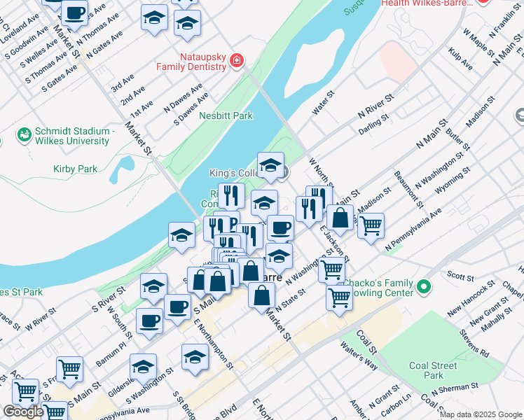 map of restaurants, bars, coffee shops, grocery stores, and more near 88 North Franklin Street in Wilkes-Barre