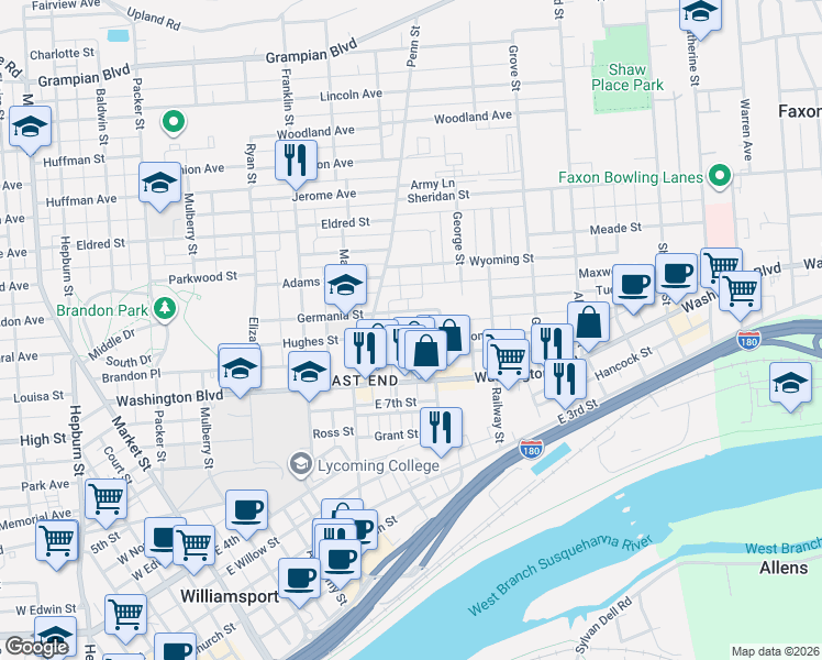 map of restaurants, bars, coffee shops, grocery stores, and more near 452 Wilson Street in Williamsport