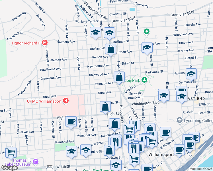 map of restaurants, bars, coffee shops, grocery stores, and more near 406 Park Court in Williamsport