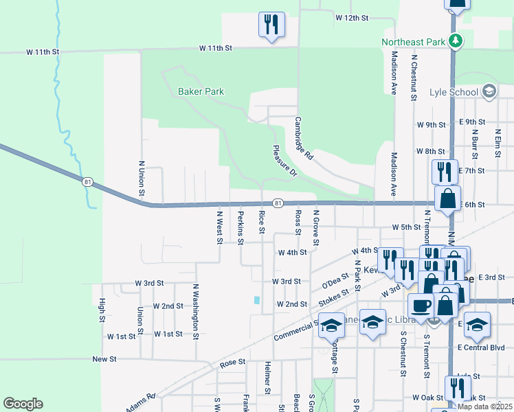 map of restaurants, bars, coffee shops, grocery stores, and more near 419 Rice Street in Kewanee
