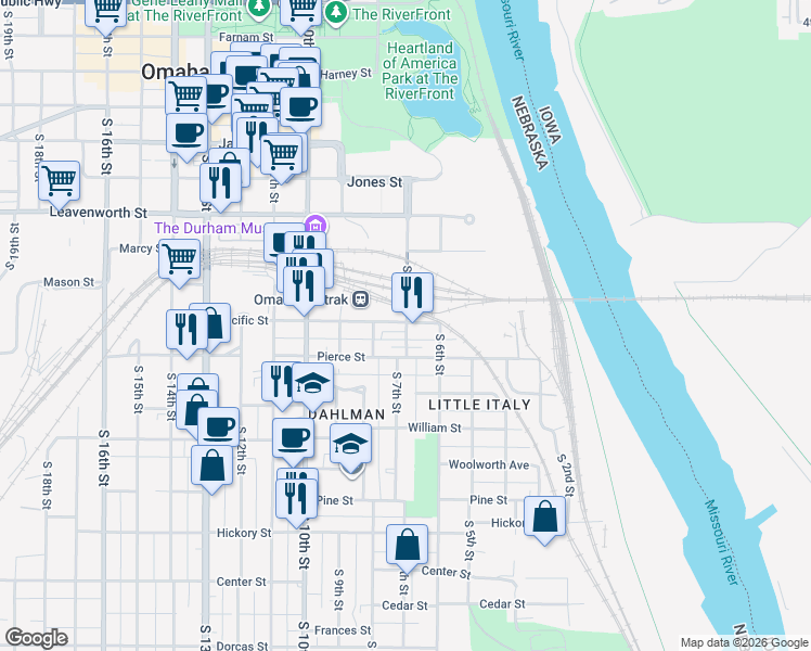 map of restaurants, bars, coffee shops, grocery stores, and more near 1115 South 7th Street in Omaha