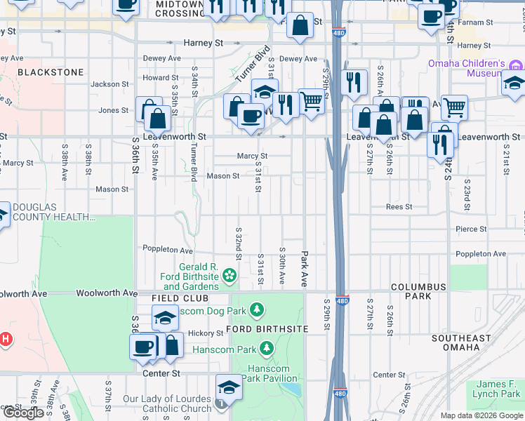 map of restaurants, bars, coffee shops, grocery stores, and more near 3015 Pacific Street in Omaha