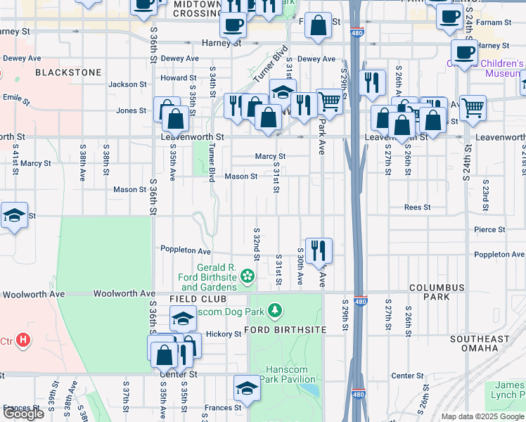 map of restaurants, bars, coffee shops, grocery stores, and more near 3119 Pacific Street in Omaha