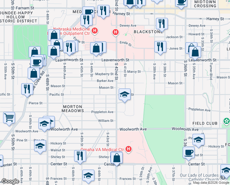 map of restaurants, bars, coffee shops, grocery stores, and more near 4201 Pacific Street in Omaha
