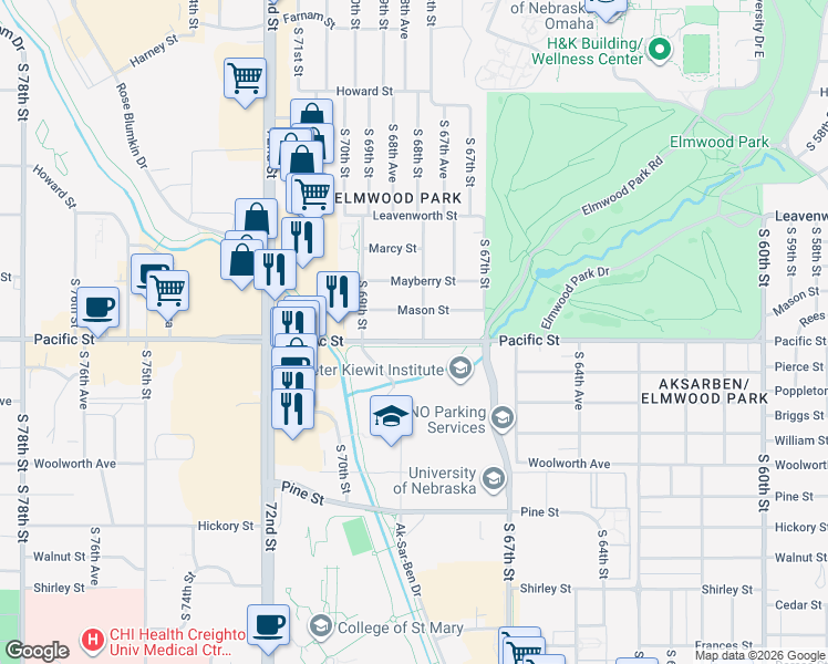 map of restaurants, bars, coffee shops, grocery stores, and more near 6806 Pacific Street in Omaha