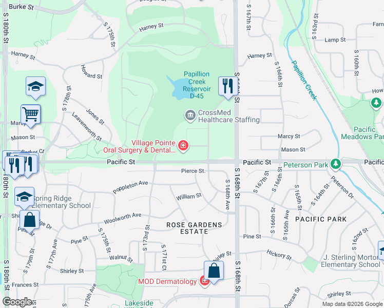 map of restaurants, bars, coffee shops, grocery stores, and more near 16909 Pacific Street in Omaha