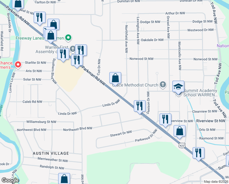 map of restaurants, bars, coffee shops, grocery stores, and more near 2178 Parkman Road Northwest in Warren