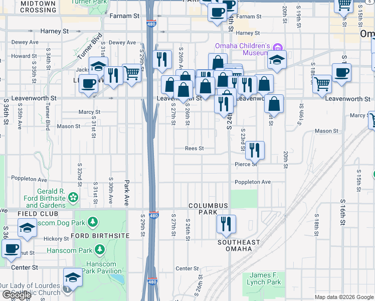 map of restaurants, bars, coffee shops, grocery stores, and more near 2555 Rees Street in Omaha
