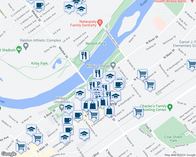 map of restaurants, bars, coffee shops, grocery stores, and more near 53 North River Street in Wilkes-Barre