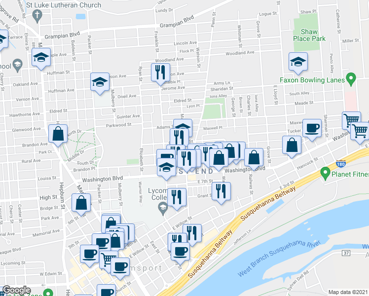 map of restaurants, bars, coffee shops, grocery stores, and more near 901 Penn Street in Williamsport