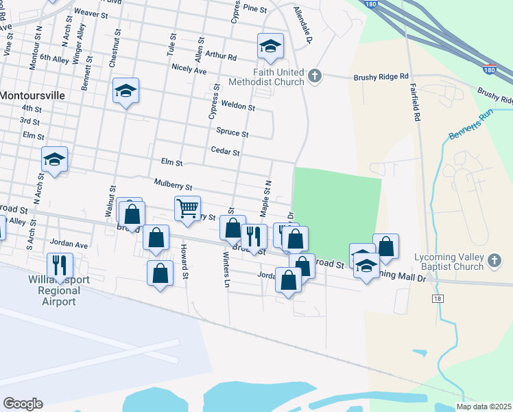 map of restaurants, bars, coffee shops, grocery stores, and more near Willow Street in Montoursville