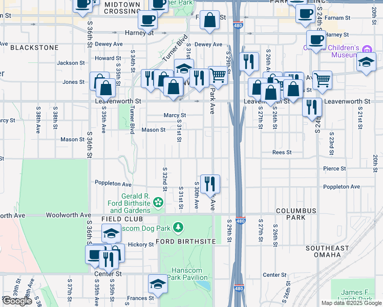 map of restaurants, bars, coffee shops, grocery stores, and more near 3015 Pacific Street in Omaha