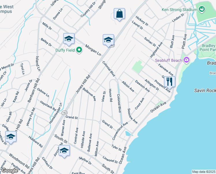 map of restaurants, bars, coffee shops, grocery stores, and more near 92 Honor Road in West Haven