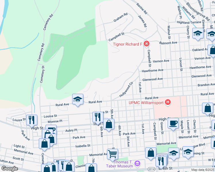 map of restaurants, bars, coffee shops, grocery stores, and more near 1201 Vallamont Drive Northwest in Williamsport