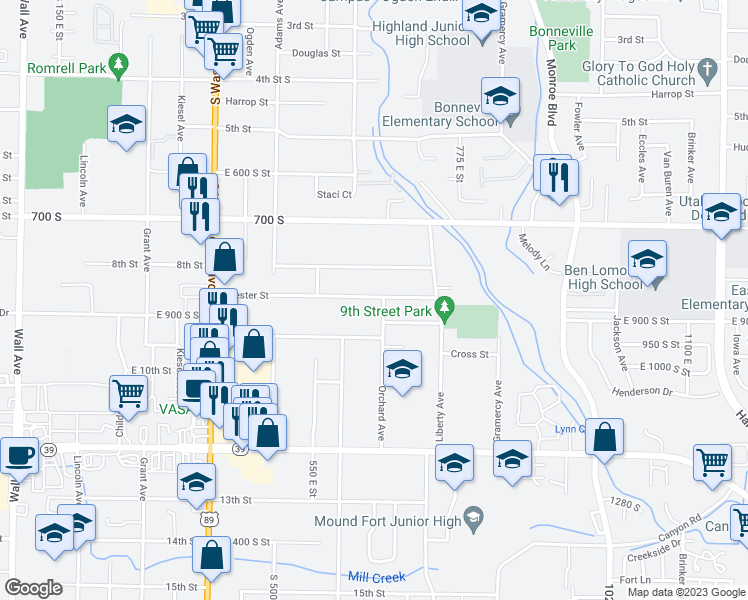 map of restaurants, bars, coffee shops, grocery stores, and more near 901 Orchard Avenue in Ogden
