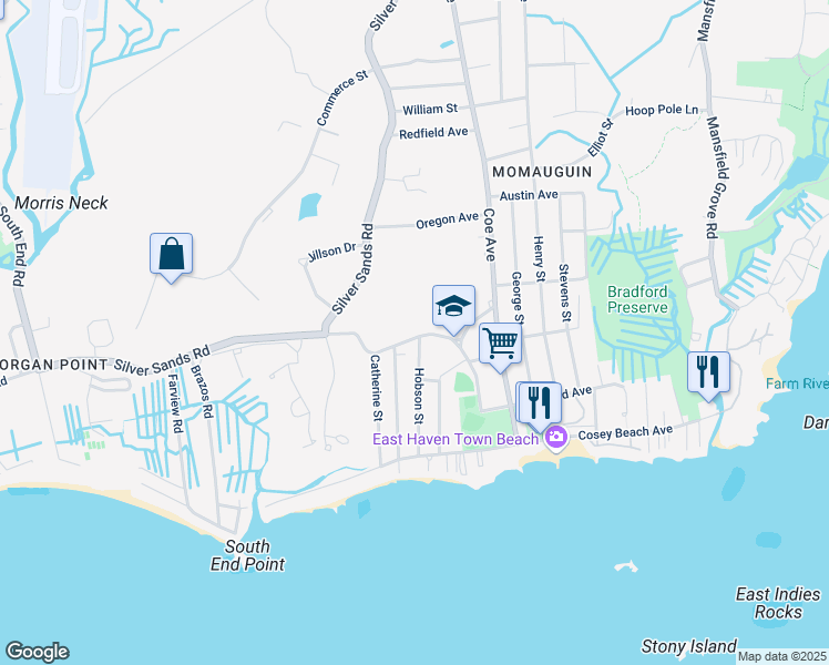 map of restaurants, bars, coffee shops, grocery stores, and more near 146 Cosey Beach Road in East Haven