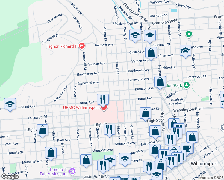 map of restaurants, bars, coffee shops, grocery stores, and more near in Williamsport