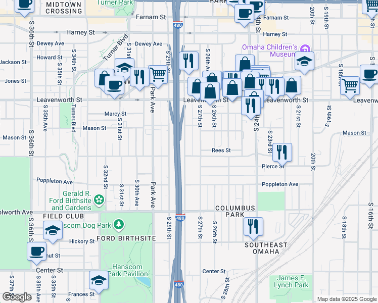map of restaurants, bars, coffee shops, grocery stores, and more near 1109 South 28th Street in Omaha