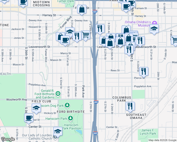 map of restaurants, bars, coffee shops, grocery stores, and more near 1106 South 29th Street in Omaha