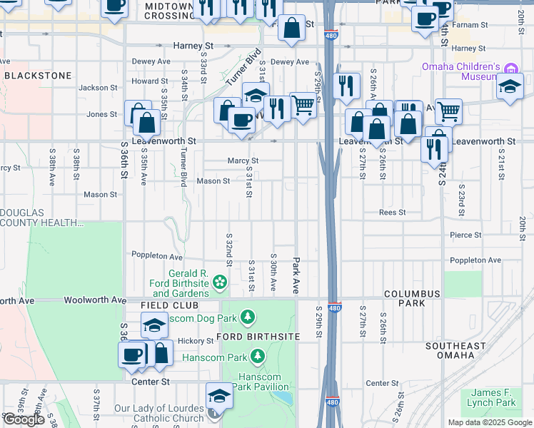 map of restaurants, bars, coffee shops, grocery stores, and more near 3015 Pacific Street in Omaha