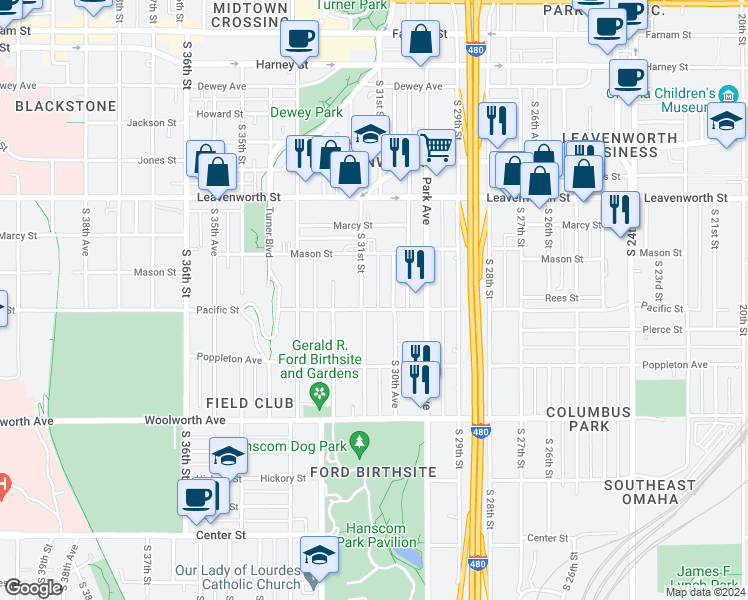 map of restaurants, bars, coffee shops, grocery stores, and more near 3015 Pacific Street in Omaha