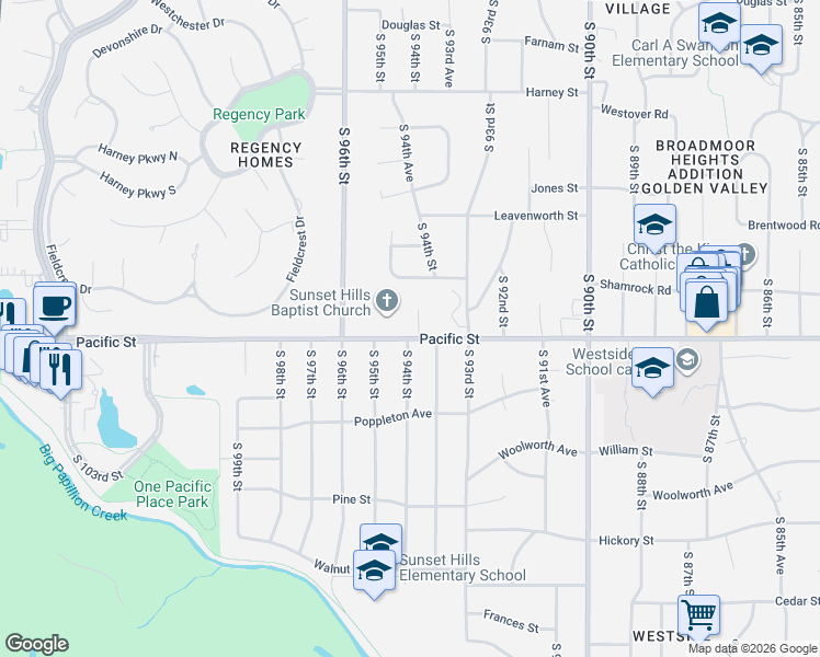 map of restaurants, bars, coffee shops, grocery stores, and more near 1106 South 94th Street in Omaha