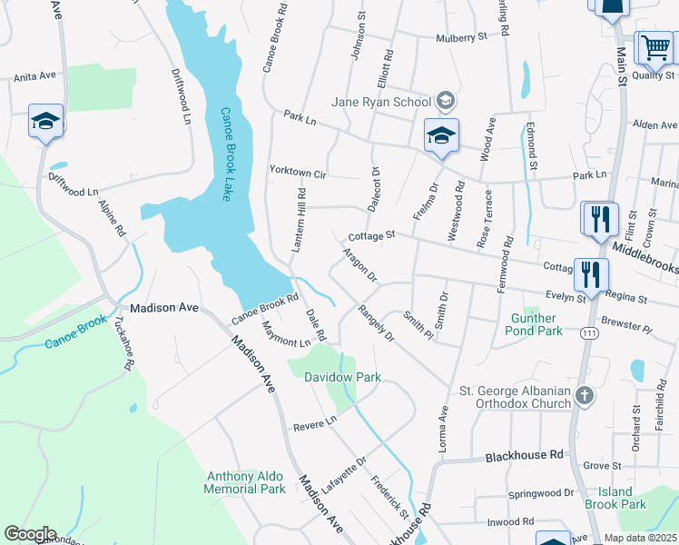 map of restaurants, bars, coffee shops, grocery stores, and more near 77 Rangely Drive in Trumbull